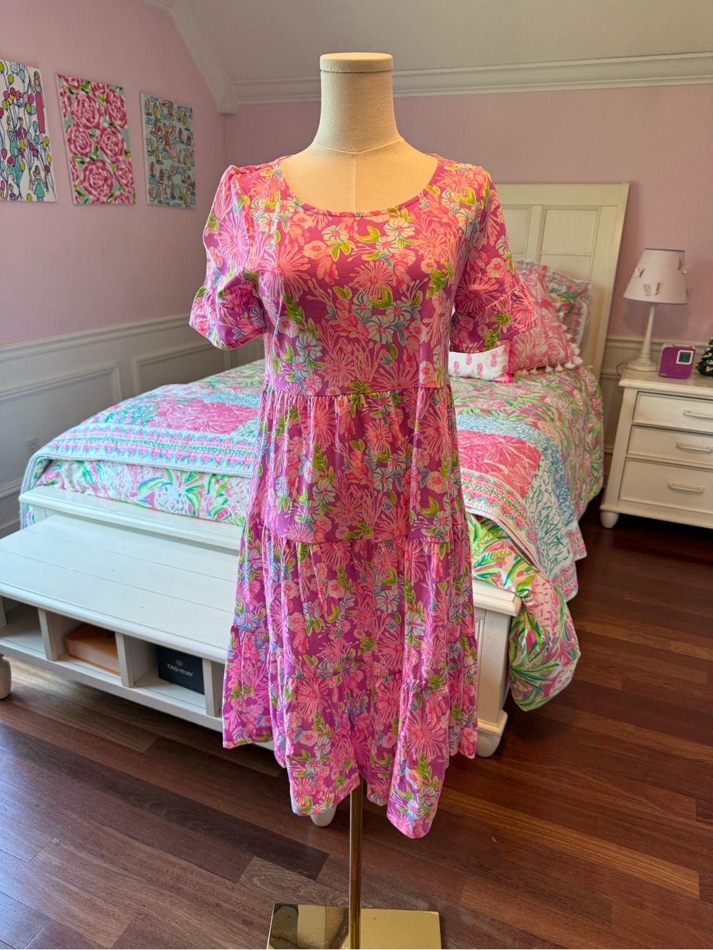 NWT Lilly Pulitzer Pink Floral Tiered Dress with Green & Blue Accents